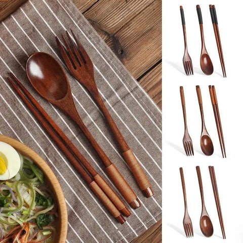 3 Pieces Portable Household Kitchen Cutlery Set Tableware Natural Wooden Tableware Set Spoon Fork Chopsticks Household Supplies